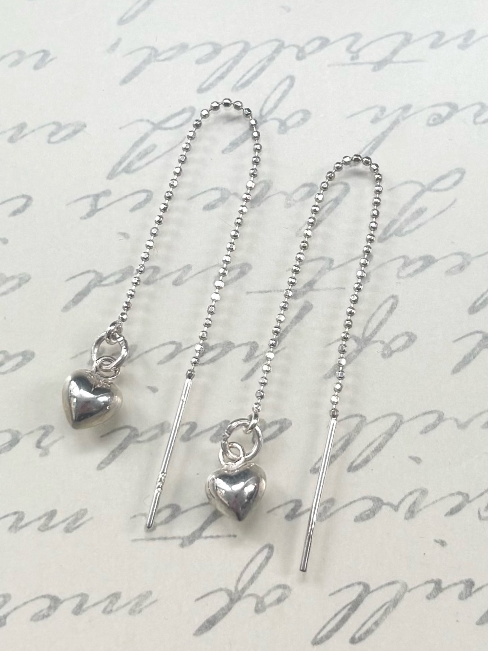 Sterling Silver Puffy Heart Threader Earrings - Silver
